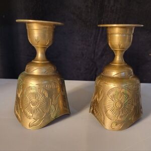 Vintage Set Of 2 "Bells Of Sarna" Brass Candlestick Holders